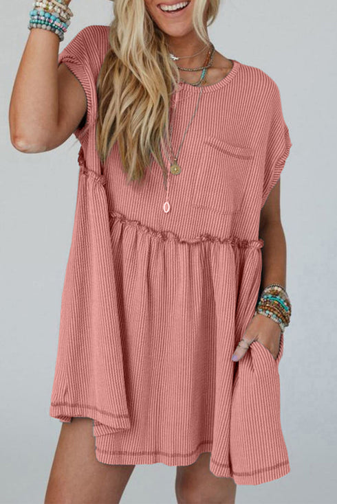 Corded Texture Frill Hem Pocketed Swing Mini Dress